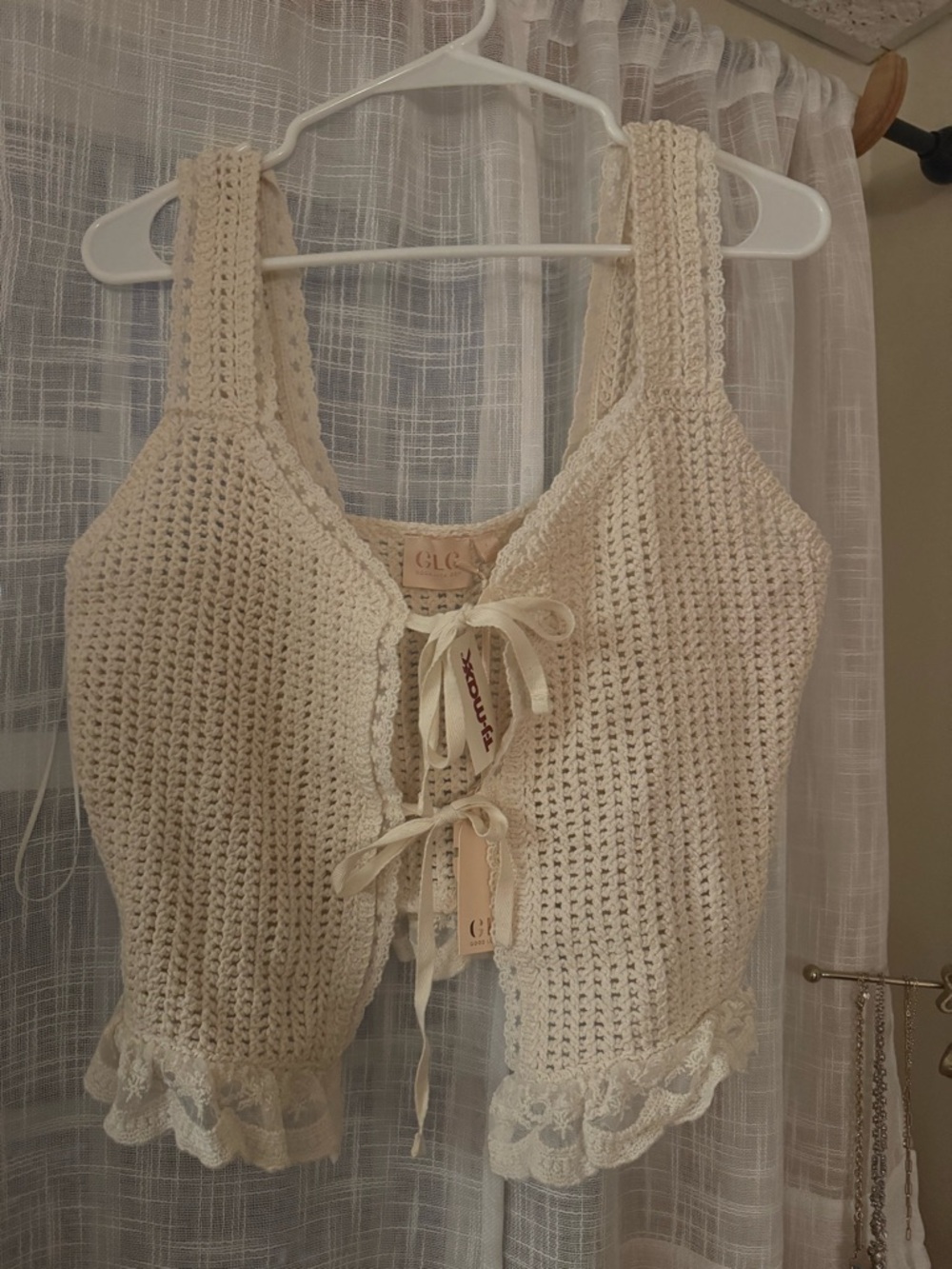 Cream Crochet Lace-Trim Tie Front Crop Top